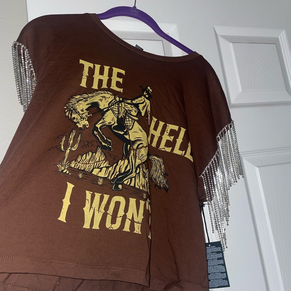 Brown Graphic Tee with Fringe